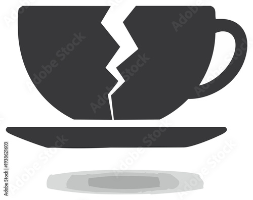 Broken teacup silhouette on a saucer, representing fragility and crisis.
