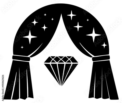 Magical reveal of a precious diamond behind a star decorated theatrical curtain arch