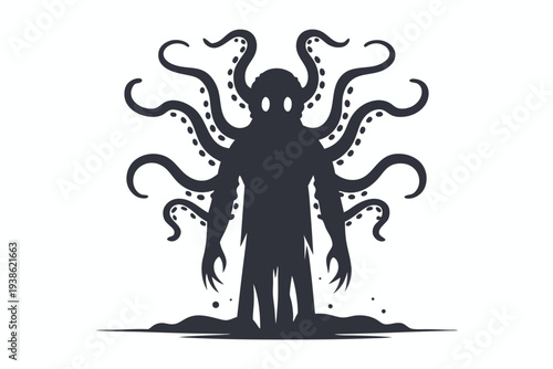 Scary alien monster silhouette with many tentacles, isolated on a white background