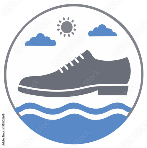 Men's Dress Shoe Icon Surrounded by Clouds, Sun, and Wavy Water Graphic Element