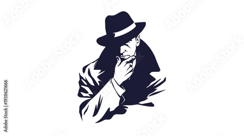 A shadowed figure in a coat and fedora, thinking, with a hand to their face