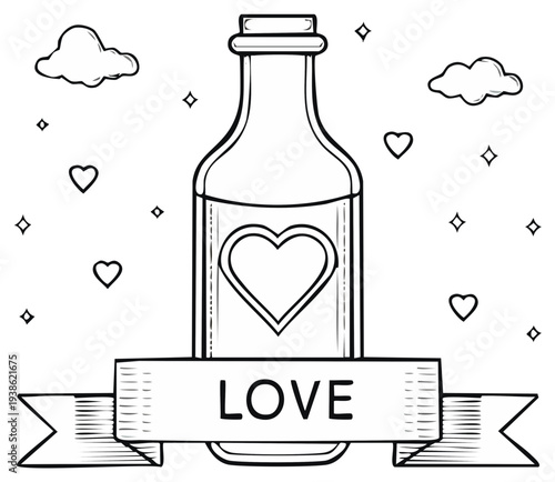 Hand-drawn illustration of a bottle containing a heart symbol, with clouds and hearts surrounding it, and a banner proclaiming "LOVE".