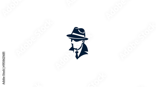 A shadowed figure wearing a fedora and a suit, on a white background