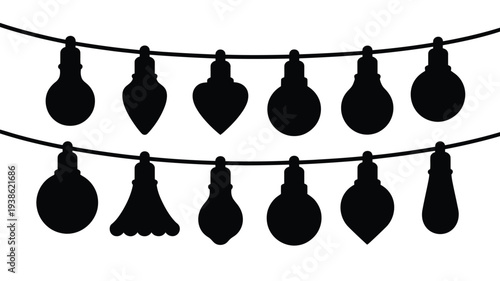 Black silhouette string lights on cables festive decoration holiday ambiance glowing atmosphere party setup event decor nighttime celebration decorative lamps lighting arrangement