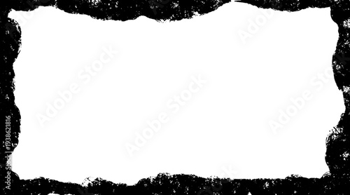 Grunge frame vector. Scratchy eroded edge vintage border with rough texture and cracks. Dirty black brush strokes for distressed punk poster elements and abstract photo frames for creative visuals.