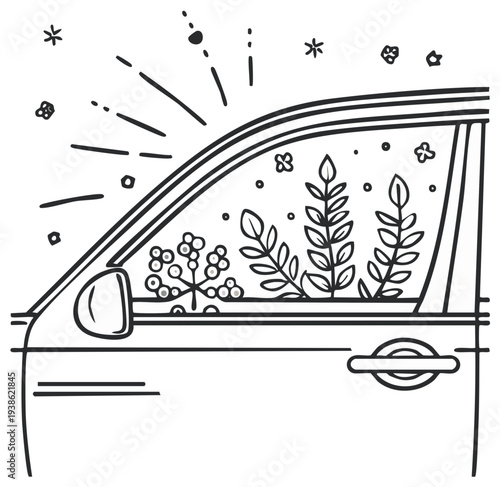 Simple line art illustration of a car window with plants inside, clean and minimalist black and white design for eco-friendly vehicle.