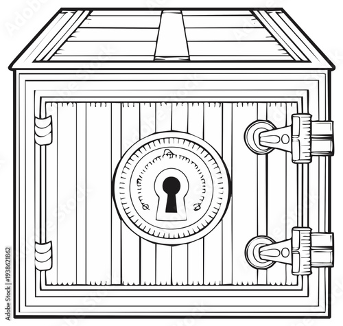 Monochrome closed safe box with lock in front view in sketch style for coloring books