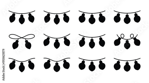 Wedding string lights in black silhouette on white background for decoration and ambiance