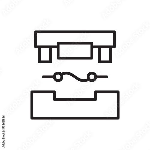 Rewireable fuse icon. A standard carrier housing with a replaceable metal fuse wire filament. Ideal for electrical circuit schematics, domestic power distribution diagrams, and technical projects.