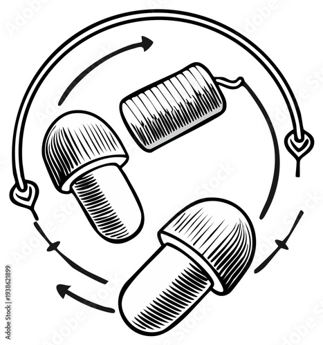 Three Mushroom Shaped Earplugs Rotating in a Circular Flow with Arrows Indicating Movement