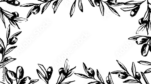 Black olive branches frame. Minimalist botanical border with leaves and olives. Elegant hand drawn vector illustration isolated on white for wedding invitations, logos and organic branding design.