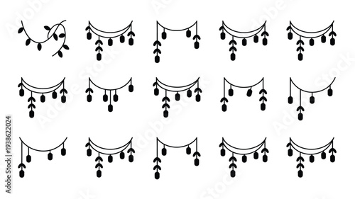 Minimalist vector illustration set of various hanging plant garlands and leaf decorations on white background