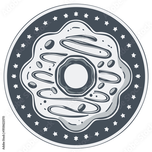Donut with Icing and Sprinkles in a Circle Frame with Stars Grey Vector Food Icon Style Illustration