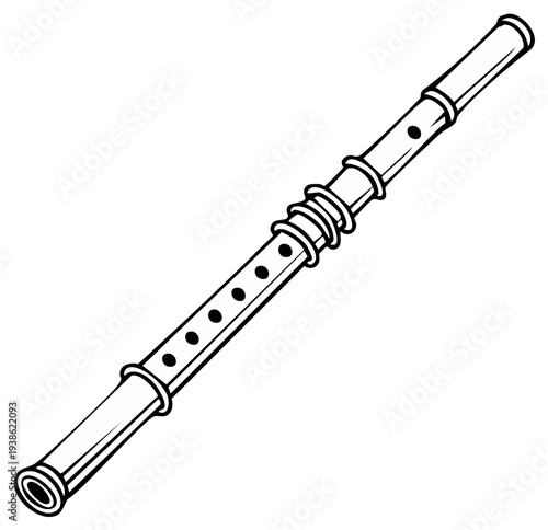 Simple Line Drawing of a Wooden Recorder Musical Instrument