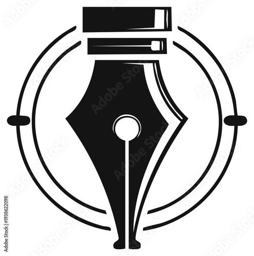 Sleek ink nib design in a circular frame, symbolizing writing, creativity, and intellectual pursuits.