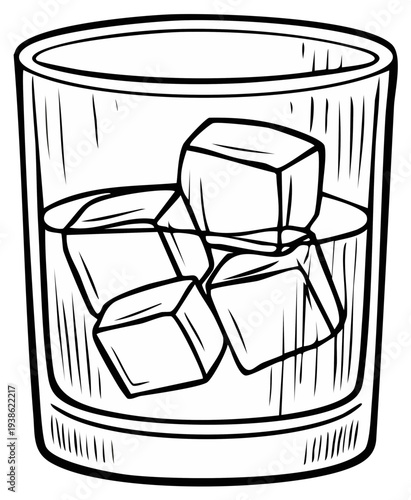 Cartoon Glass of Whiskey with Ice Cubes - Black and White Illustration