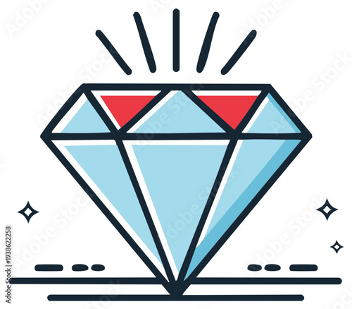 Diamond illustration of a gem with red facets shining brightly for design elements