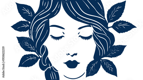 A serene face, with closed eyes, surrounded by leaves and flowing hair, set against a white background