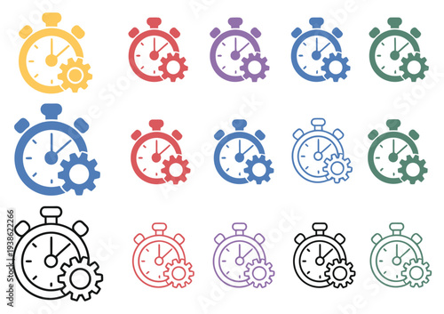 linear time management icon, startup business vector, website interface elements, mobile application symbols, productivity and scheduling graphic, calendar and clock vector, color variations flat desi