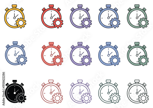 linear time management icon, startup business vector, website interface elements, mobile application symbols, productivity and scheduling graphic, calendar and clock vector, color variations flat desi