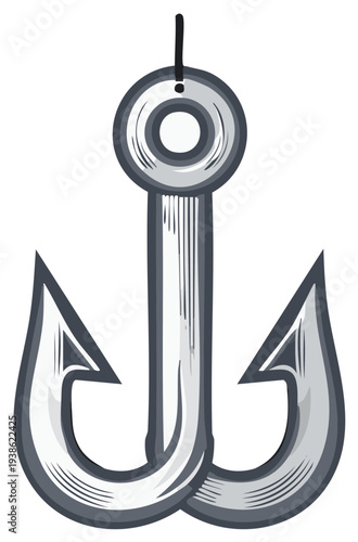 Double Hook Fishing Lure with Sharp Points and Metal Texture Illustration