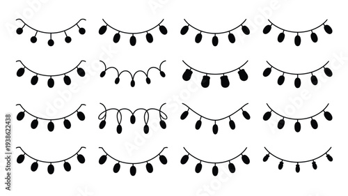 Collection of various black string lights with teardrop shaped bulbs on white background for decoration and ambiance