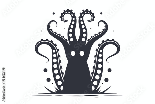 Graphic silhouette of a spooky, multi-tentacled alien monster on a white background