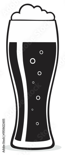 Stylized Dark Beer in Tall Glass with Bubbles and Foam Head against white background