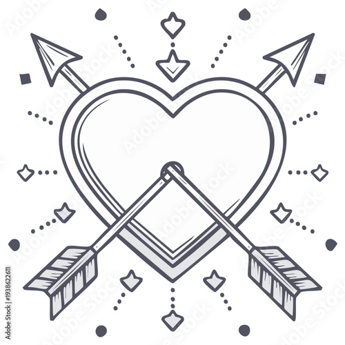 Stylized heart pierced by cupid's arrows with radiating decorative elements