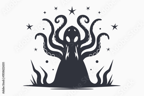 Scary Alien Monster Silhouette with Multiple Tentacles, Vector Art