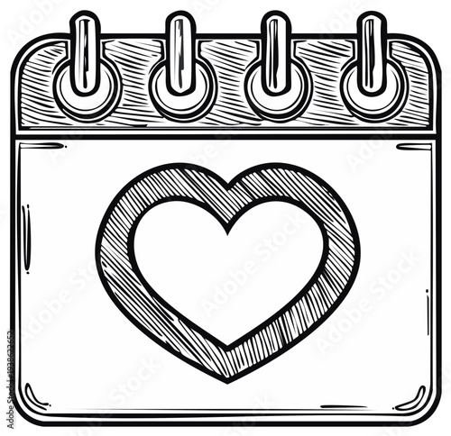 Doodle style calendar page icon with a large prominent heart symbol representing love or special romantic date