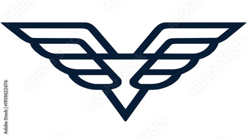 A stylized emblem with symmetrical wings converging into a central, inverted V-shape