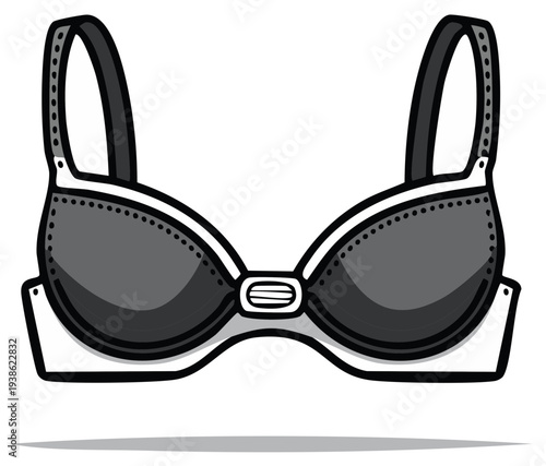Cartoon style illustration of a grey and white bra with black outlines