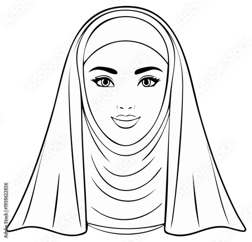 Illustration of a Muslim woman wearing a hijab headdress in black and white line drawing style