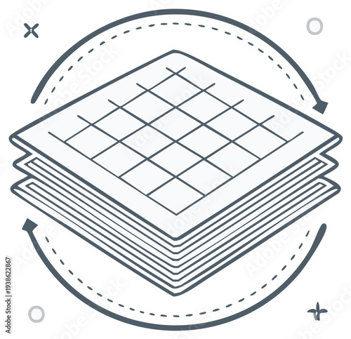 Isometric grid layers stacked and enclosed in circular arrows icon concept for data structure or building blocks