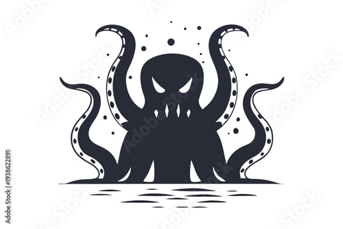 Bizarre Alien Monster Silhouette, Vector Art with Tentacles