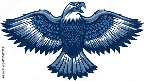 A stylized illustration of a bird with widespread wings, featuring blue hues against white