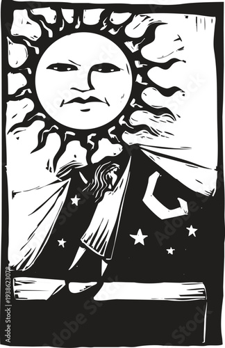 Woodcut style image of a girl lifting a curtain with the sun on it to see the night behind it. 