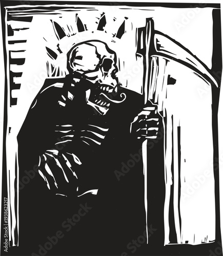 Woodcut style image of death the Grim Reaper