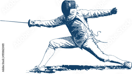 A linear artwork depicts a fencer in action, executing a lunging attack with their weapon