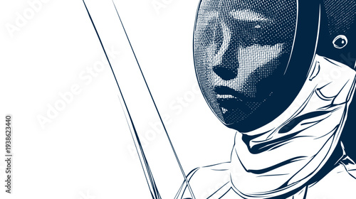 A detail of a fencer in a helmet, the foil in the background. Blue and white