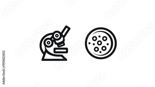 A black and white illustration of a microscope and a petri dish on a white background