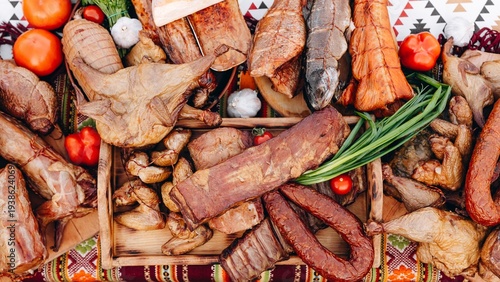 Assorted smoked meats, sausages and fish on a rustic board with vegetables and herbs