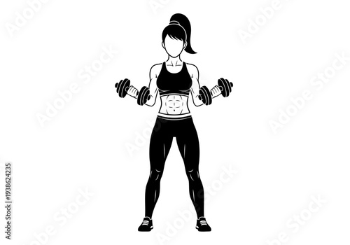 A nice and perfect looking strong woman in a black sports bra and leggings holding dumbbells in both hands