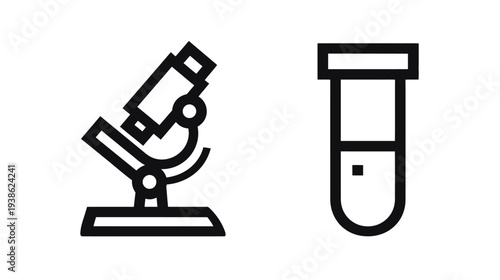 Black and white line icons Microscope and a test tube. Simple, flat, lab tools