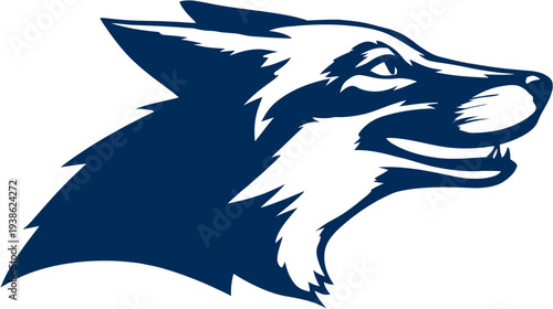 A stylized profile of a wolf's head, created with contrasting dark blue and white shapes