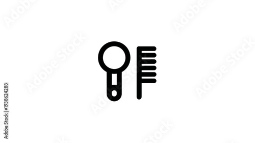 A minimalist icon of a hair dryer and comb on white. Black outline. Simple and clean