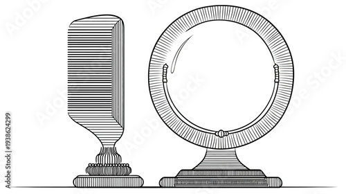 A detailed black and white illustration of a comb and circular mirror on a stand