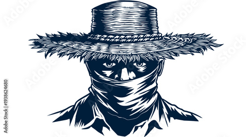 A person with covered face and a wide brimmed hat. A monochromatic illustration on white background