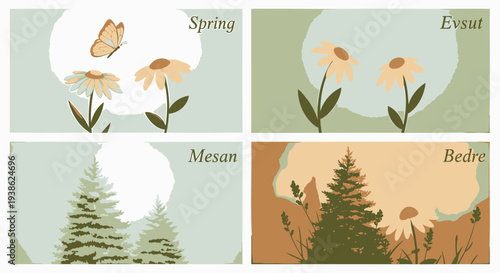 Set of 4 seasonal illustration panels vector